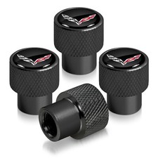 Chevrolet Corvette C7 Logo in Black on Black Aluminum Tire Valve Stem Caps