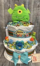 Monsters Baby Diaper Cake Shower Gift Centerpiece 2 Tier Present Boys Girls