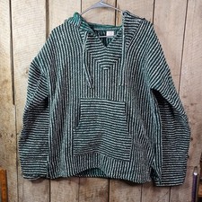 Hippie Baja Hoodie Mexican Rug Pullover Green Black White Size Large