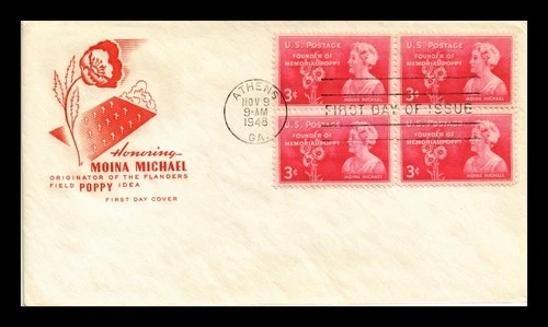 US COVER MOINA MICHAEL POPPY DAY FDC SCOTT 977 BLOCK OF 4 HOUSE OF FARNAM