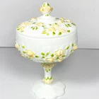 Fenton Green Cabbage Rose Milk Glass Pedestal Compote Candy Dish with Lid VTG