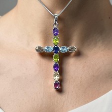 5.65 Gms 925 Silver Multi Gemstone Cross Pendant 59x36mm Unique Handmade Jewelry