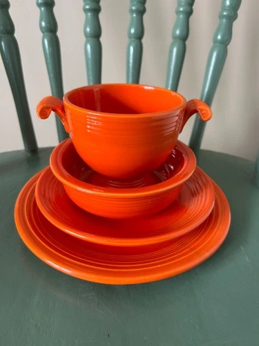 1930’s VTG RED ORANGE FIESTA RADIOACTIVE GLAZE PLATE SAUCER SUGAR BOWL DAMAGED