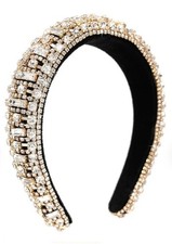 Crystal Rhinestone Padded Headband Black Velvet Sparkly Statement