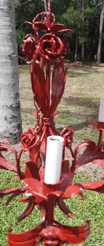 Vintage Italian Tole Chandelier  Palm Beach Regency Boho Chic Flowers 18" Tall - Picture 8 of 18