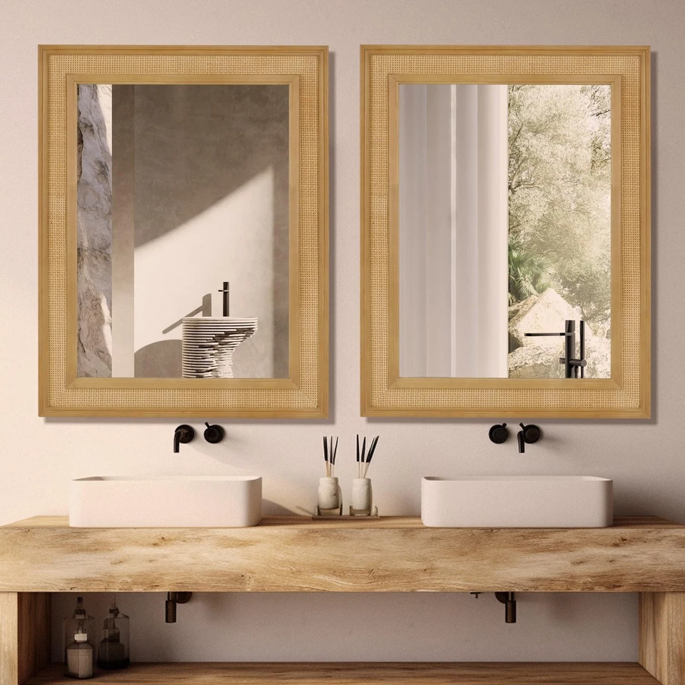 Espejo de pared de ratán rectangular, espejo de ratán de 27 X 34 pulgadas con marco de madera para... Foto 3 de 4
