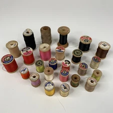 Vintage Thread On Wooden Spools Assorted Brands Used Lot Of 25 Spools