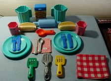 Vintage Little Tikes Pretend PLAY DISHES PITCHERS CUPS SILVERWARE ROLLING PIN 
