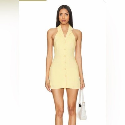 SNDYS Halter Button Front Mini Dress Butter Yellow Brunch Chic Spring Size S