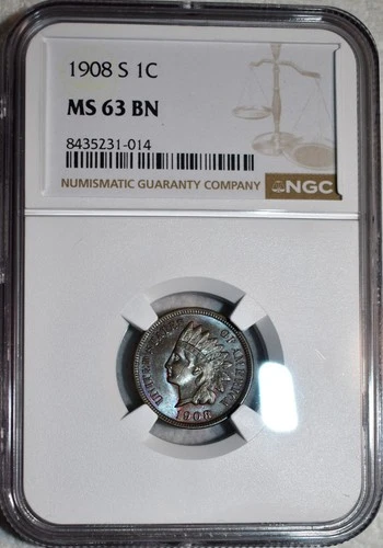 NGC MS-63 BN 1908-S Indian Head Cent, Attractively Toned, Blazing Key-Date!