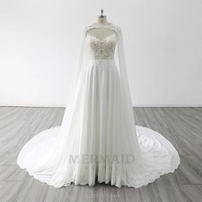 Spaghetti Straps V Neck A Line Chiffon Lace Wedding Dress With Removable Cape