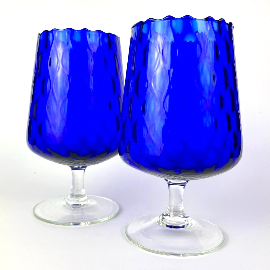 Vintage Cobalt Blue Art Glass Goblets Pair Scalloped Rim Hand Blown Wine Glasses