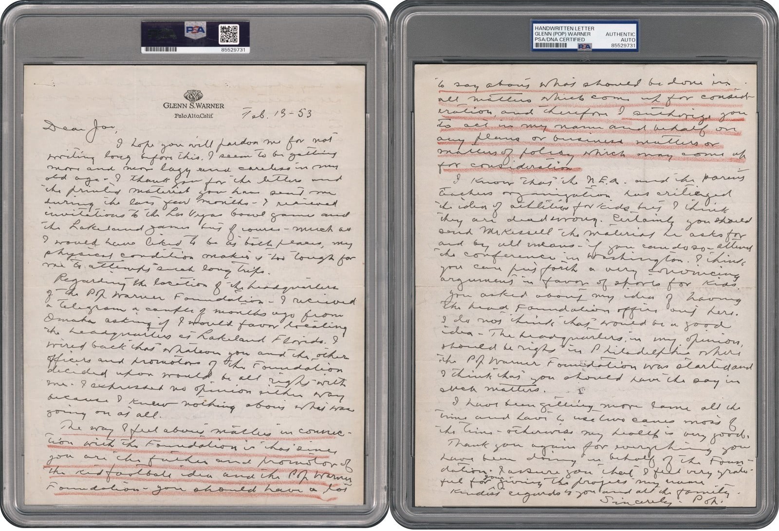 Glenn Pop Warner Signed Handwritten 2-Page Letter on Personal Letterhead PSA/DNA