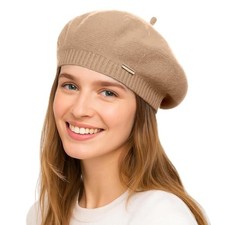 Beret Hat Women Girl, Fluffy Knitted French Beret Warm Classic One Size Khaki