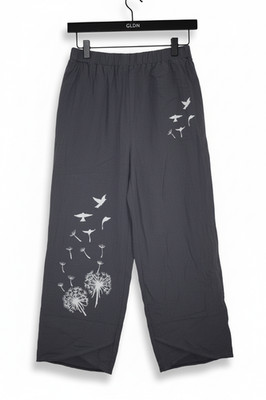 Damen weit geschnittene, graue 3/4-Hosen - Dandelion & Bird Grafik - Größe M