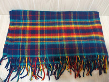 Vintage acrylic plaid throw blanket Blue Red Green With Fringe