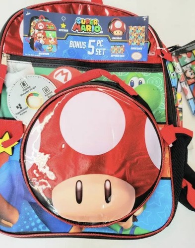 Super Mario 5 Piece Set Backpack Book Bag Lunch bag Officially Licensed 16" - Picture 6 of 7