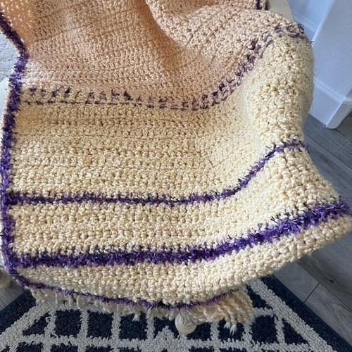 Handmade Crocheted Afghan Throw Blanket Yellow Purple Soft Fringe 30x 70 in - Picture 5 of 9