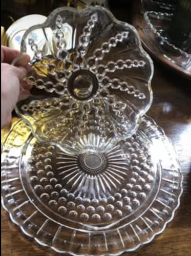 Vintage Federal Daisy Bubble Glass 3 Footed Cake Serving Plate Stand With Bowl