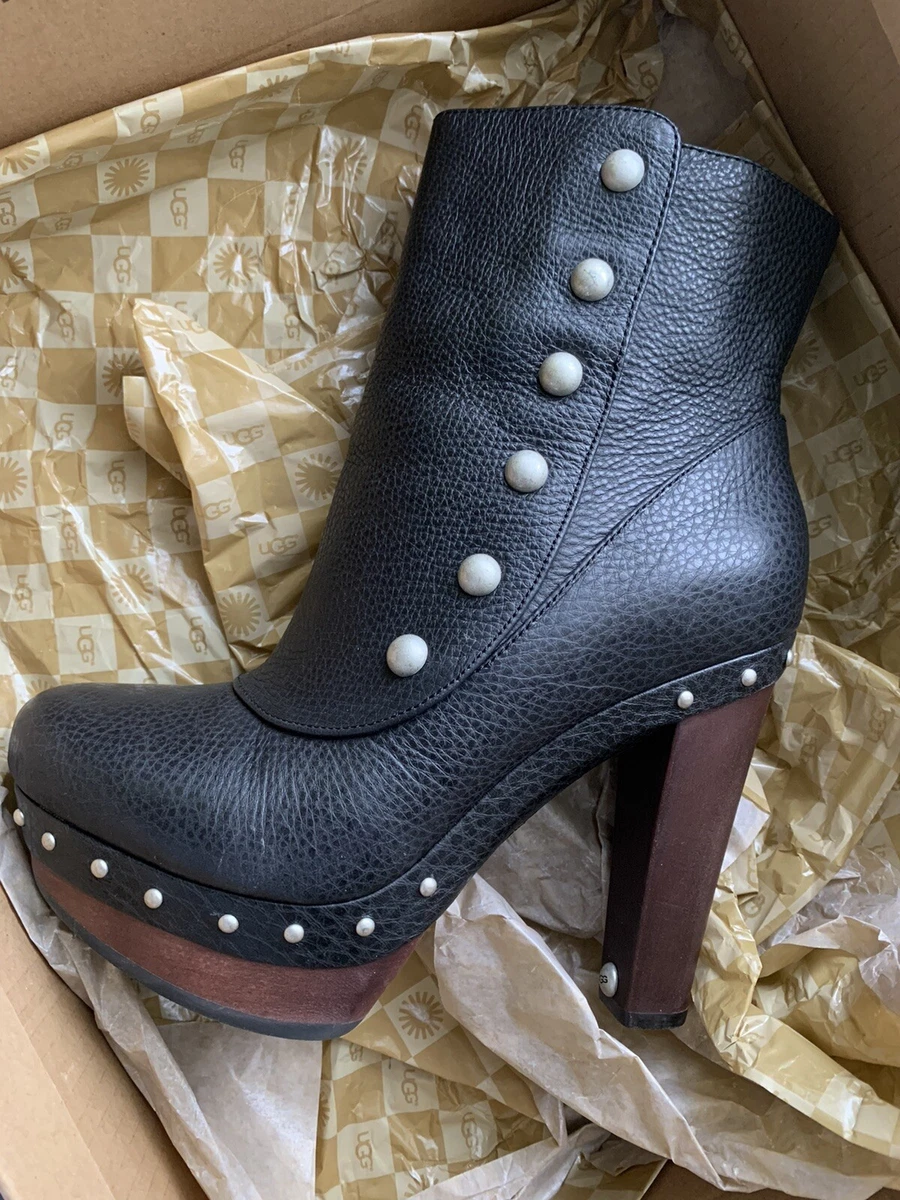 NIB UGG AUSTRALIA COSIMA BLACK LEATHER PLATFORM ANKLE HEEL BOOTS SIZE 8 275