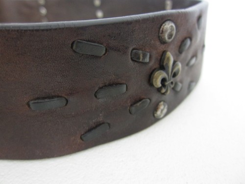 Post & Co Womens M Brown Leather Belt Buckle Italy Studded Fleur de Lis 30 - 34 - Picture 10 of 15