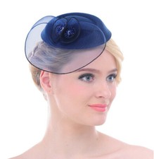 FAYBOX Vintage Mesh Wool Felt Fascinator Navy Hat Hair Clip for Special Occasion