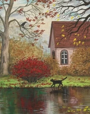 8x10 PRINT OF PAINTING RYTA CROW HALLOWEEN BLACK CAT FOLK VINTAGE STYLE art fall