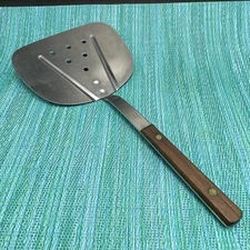 Vtg Warco Slotted Spatula Wide Round Stainless Blade Pancake Wood Handle Promo