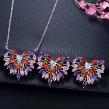 Silver Plated Big Heart Stud Earrings Pendant Necklace Women CZ Jewelry Set Gift