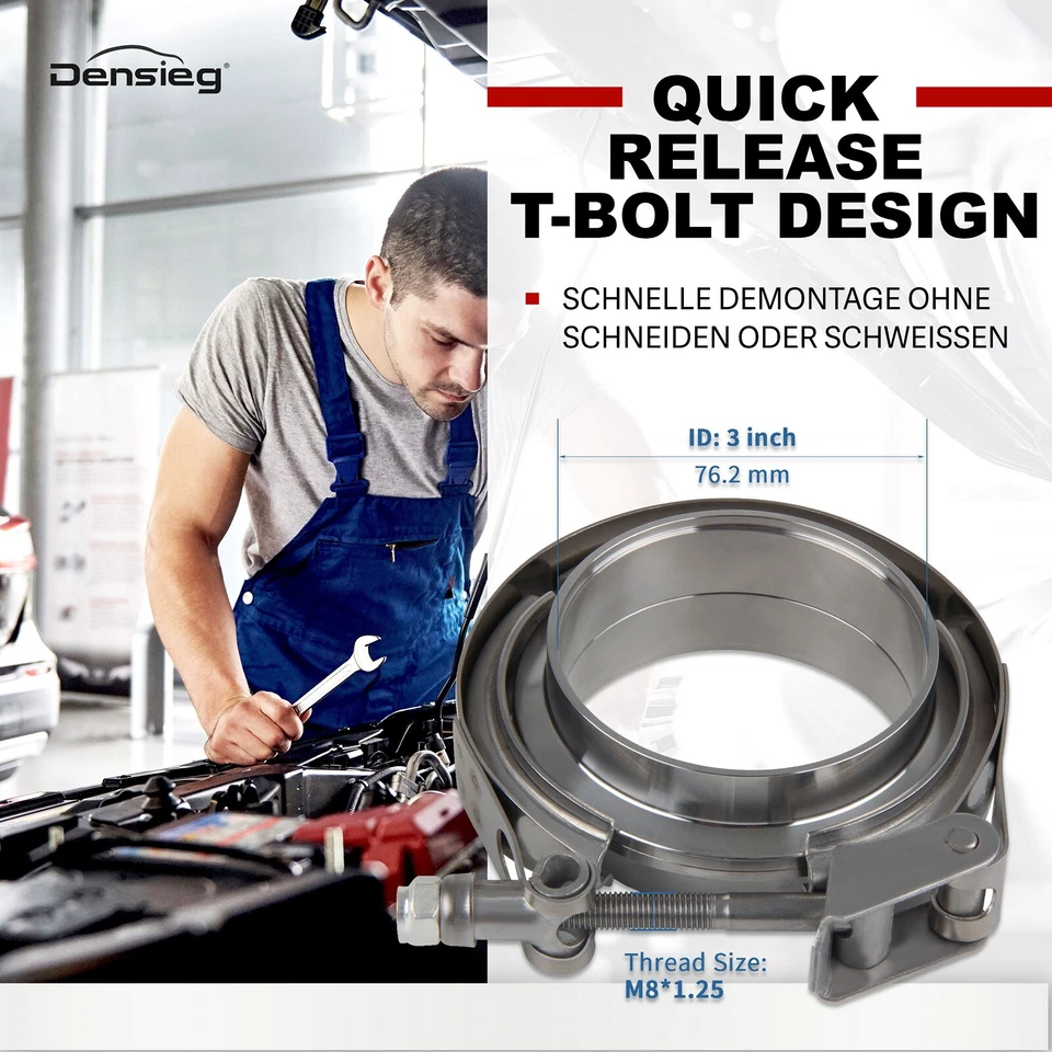 Densieg 2x V Band Schelle Flange Edelstahl 76mm 3 Zoll Auspuff Turbo Rohrschelle - Bild 2 von 4