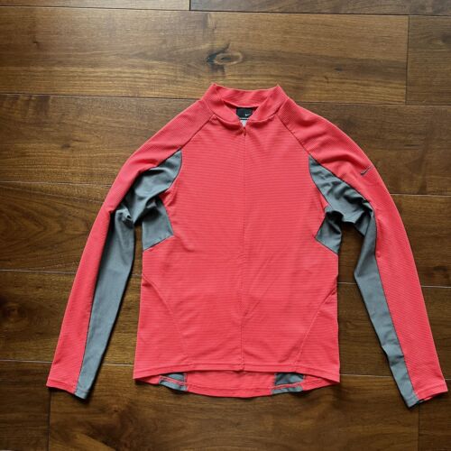 NIKE Sphere Dry Womens M Long Sleeve Cycling Jersey Coral Red Gray Pullover Zip - Picture 1 of 9