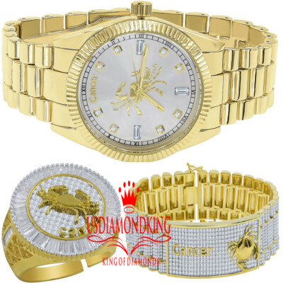 Mens Cancer Crab Zodiac Sign 14K Gold Finish Watch+Bracelet+Ring