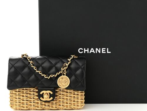 CHANEL Woven Metal Lambskin Quilted Micro Flap Evening Bag in Black & Gold