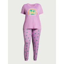 New Joyspun Women Pajama set Jogger with pocket Tropical Palm Violet many sizes