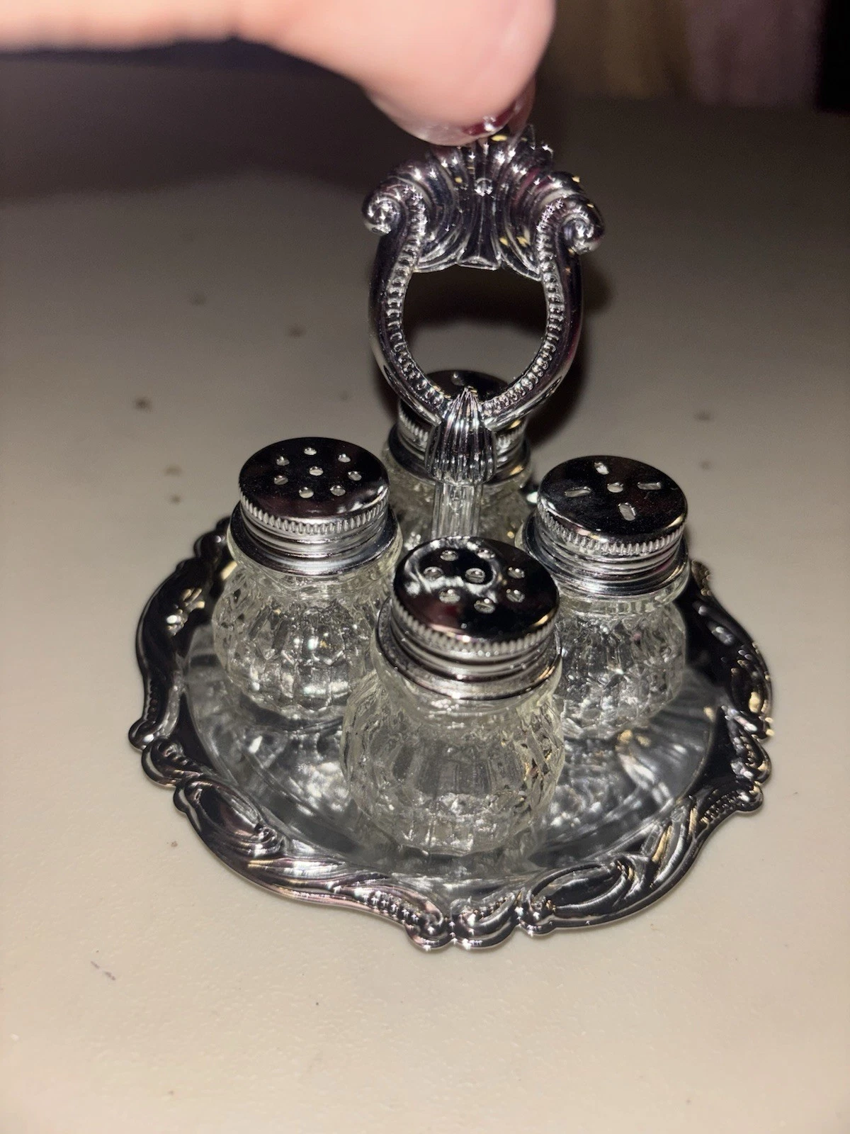Mini Glass and Metal Salt & Pepper Shakers Set with Tray, Vintage Retro Style