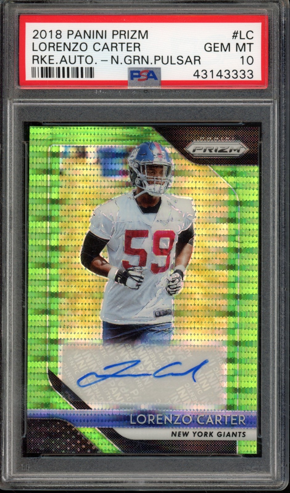 2018 Panini Prizm LORENZO CARTER #RA-LC RC Rookie Neon Green Pulsar Auto PSA 10