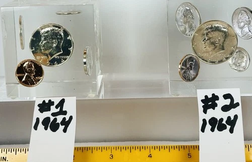 Pair Two Kennedy Proof? Sets Embedded In Lucite - SILVER!!!  - EUC