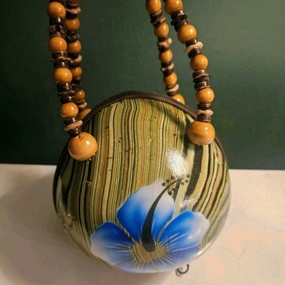 Hawaiian Coconut Purse Handpainted Round Blue Pink Floral Handbag Beaded Handle 