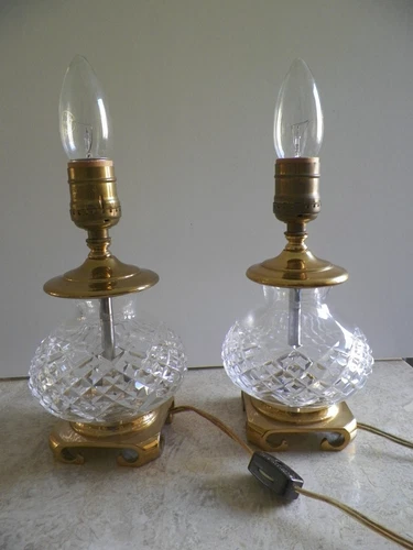 Vintage WATERFORD Crystal Glass Globe Table Lamps 8.5" Pair Set of 2