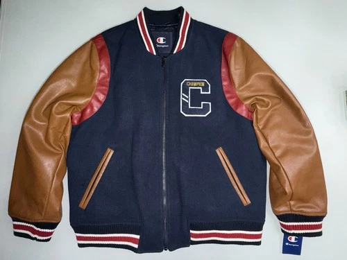 Champion Men's Mixed Media Varsity Bomber Jacket Navy Brown (LARGE) CH5RP290 🐅 - product listing photo
