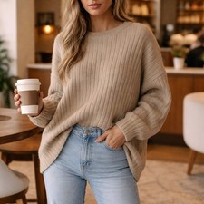 Aerie Soft Ribbed Slouchy Sweater M Beige Cozy Oversized Casual Neutral Lounge