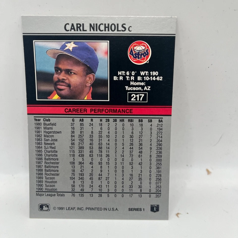 Carl Nichols Astros 1991 Leaf Baseball Card #217 - Image 2 of 2
