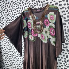 Vintage LIN & PING Floral Kaftan Maxi Dress Boho Festival Sequin Trim 8-10