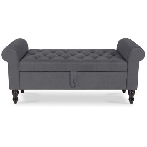 50in Storage Bench with Upholstered Rolled Arm Ottoman Bench Couch w/ Wood Legs - Picture 22 of 27