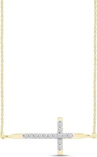 1/10ct Round Cut Lab Grown Diamond Sideways Cross Pendant 18" Necklace 10K Gold