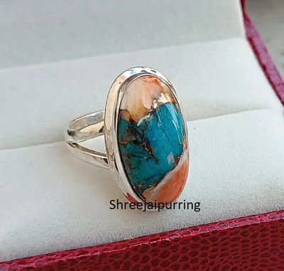 Oyster Copper Turquoise Solid 925 Sterling Silver Ring, Handmade Silver Band