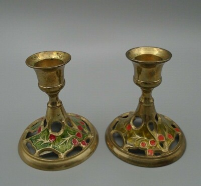 Vintage Hampton Brass Green & Red Enamel Holly Berry Tapir Dinner Candle Holders