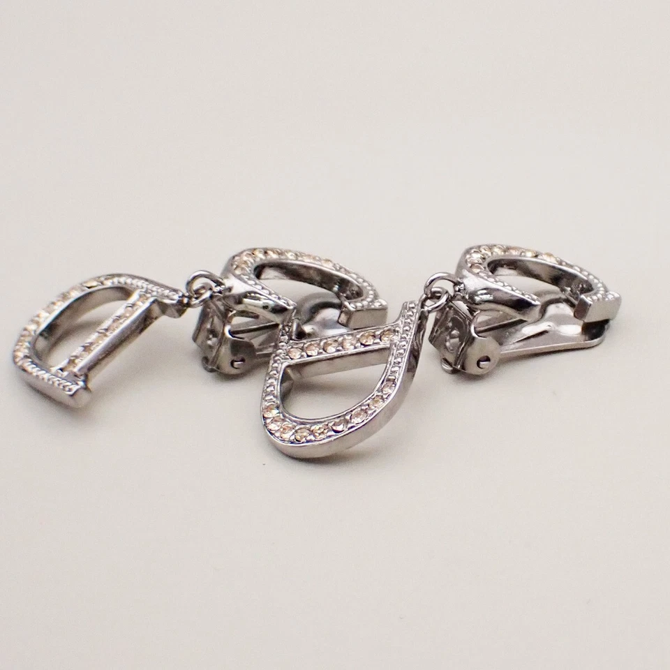 CHRISTIAN DIOR CD Logo Rhinestone Drop Earrings Clip-On Silver Accesory 05YH196 - Image 2 of 4