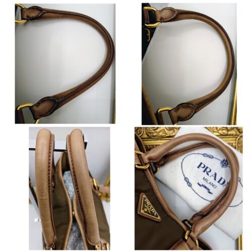 PRADA BORSA SHOPPER A SPALLA o Tracolla Nylon Marrone e Pelle Nocciola - Foto 18 di 22