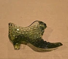 Vintage Fenton Hobnail Cat Head Buckle Olive Green Glass Slipper Shoe Old Used